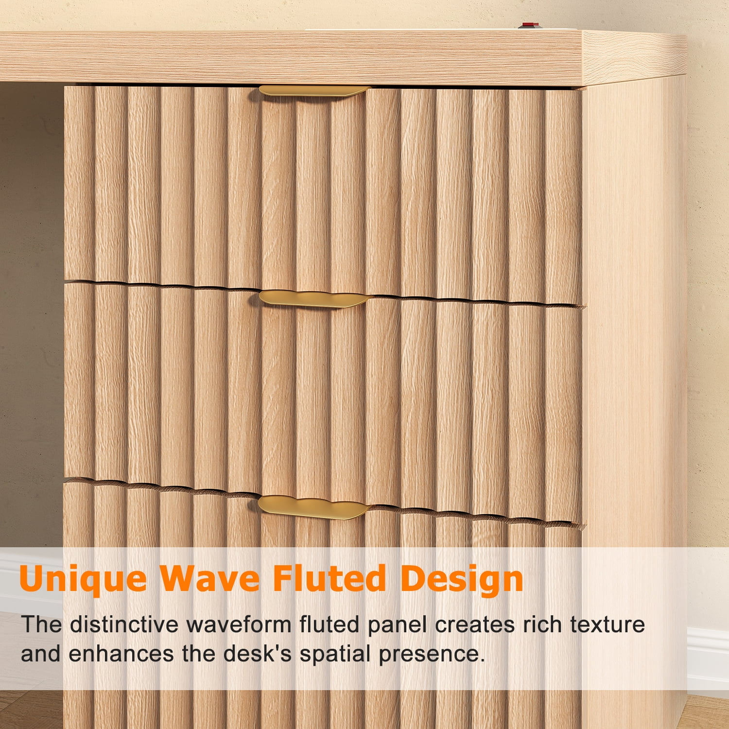 69-Inch Modern L Shaped Executive Desk with Charging Station & File Drawer, Large Home Office Corner Desk with Storage Drawers and Cabinet, Fluted Wood Computer Desk Writing Desk, Natural Oak Finish