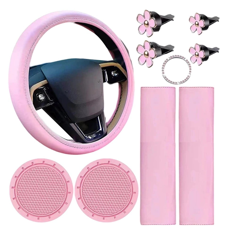 For Most Cars Feminine Car Decor Car Accessories Set Car Interior Decoration Pink Stylish Steering Wheel Cover
