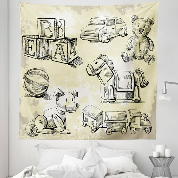 Cartoon Tapestry, Illustration of Old Toys on Grunge Setting Teddy Bear Train Ball, Fabric Wall Hanging Decor for Bedroom Living Room Dorm, 5 Sizes, Beige Black, by Ambesonne