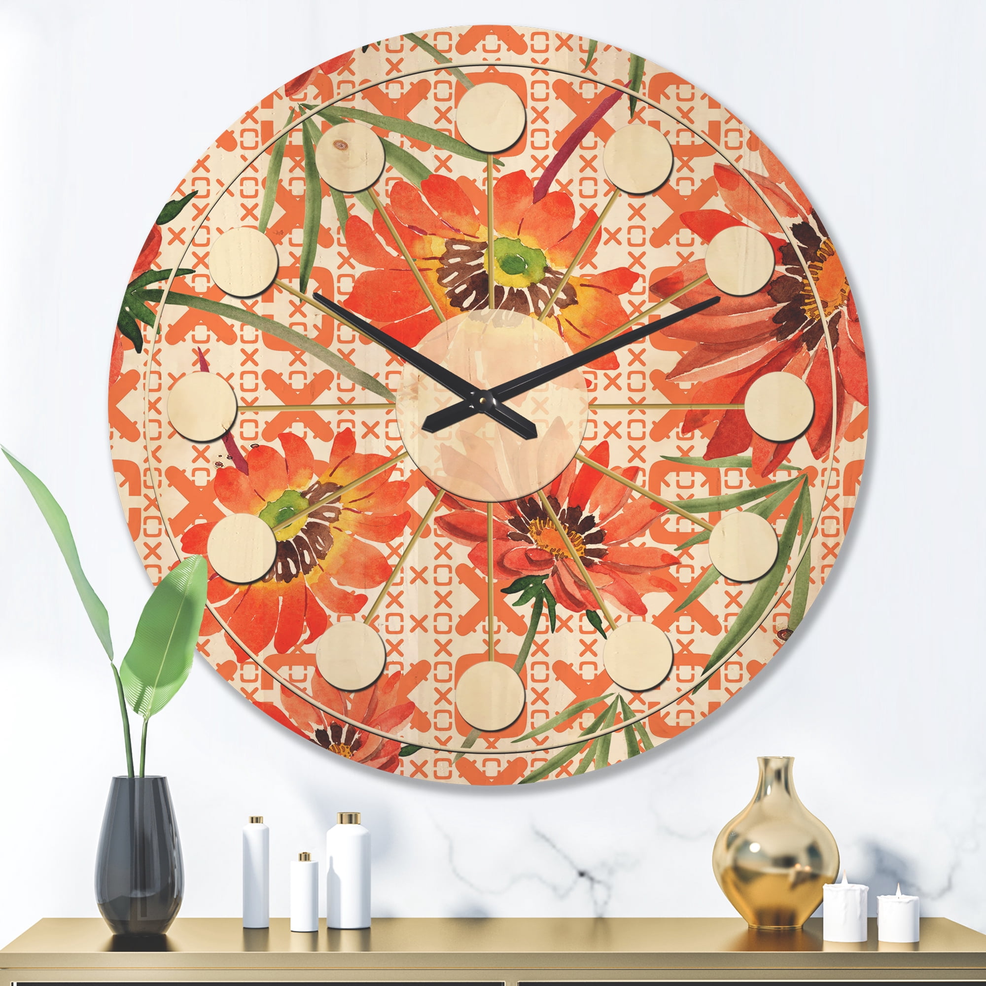 Designart 'Botanical Floral Retro I' Mid-Century Modern Wood Wall Clock