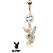 Playboy Bunny Dangle Belly Ring Paved CZ Gems Surgical Steel Pierced Rose Gold