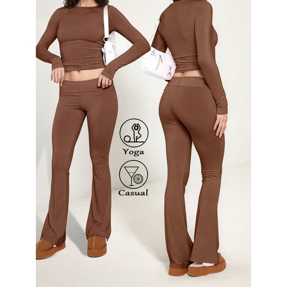DENTOYOU Women's 2 Piece Outfits Long Sleeve Top Flare Leg Yoga Pants Set, Workout Tracksuit Casual Lounge Matching Sets Brown L