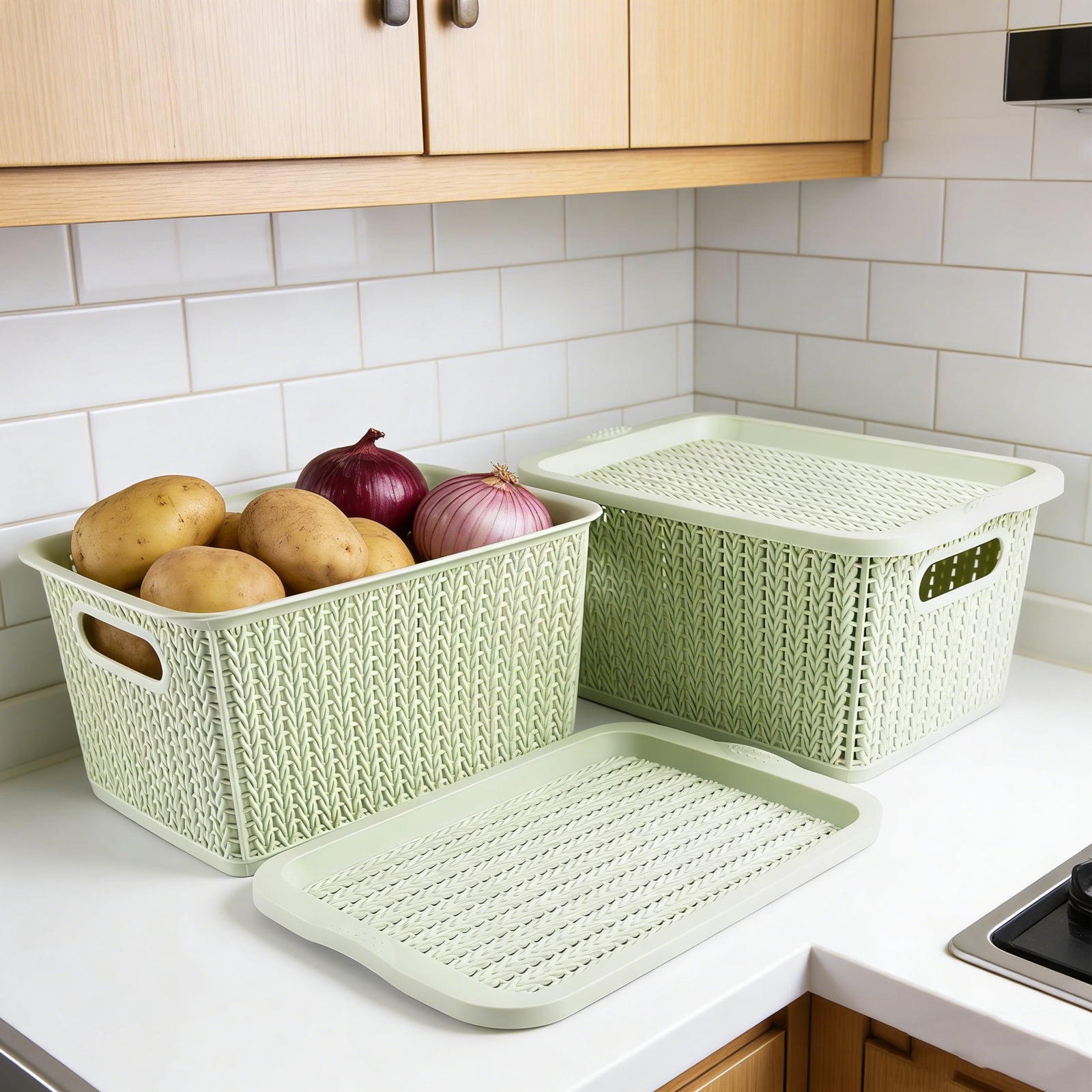 Pethiy 2-Pack Light Green Rattan-Texture Plastic Storage Baskets - Hollow Breathable Onion/Potato/Vegetable Organizers with Handles, Stackable for Kitchen Pantry Countertop