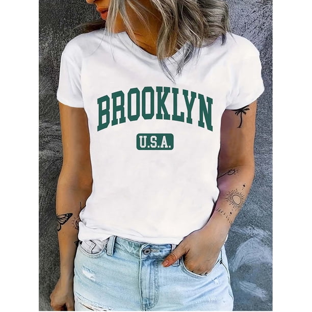 USA Print T-shirt, Short Sleeve Crew Neck Casual Top For Summer & Spring, Women's Clothing