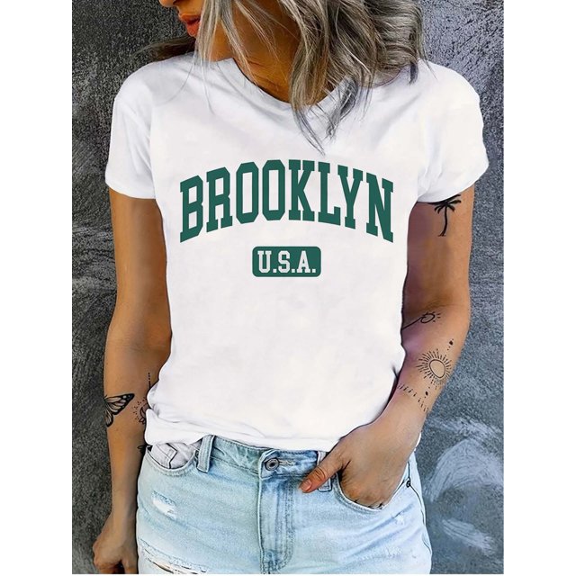 USA Print T-shirt, Short Sleeve Crew Neck Casual Top For Summer & Spring, Women's Clothing