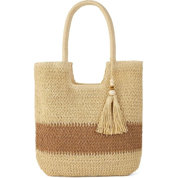 Beach Tote Bags for Women Tassel Large Summer Straw Tote Purse Woven Handbag Travel Straw Shoulder Zipper Bags