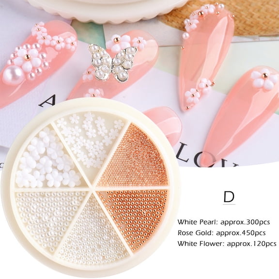 Nail Accessories 6 Grid Set 3D Acrylic Floral Nail Supplies with Pearl for Salon DIY Girls and Ladies