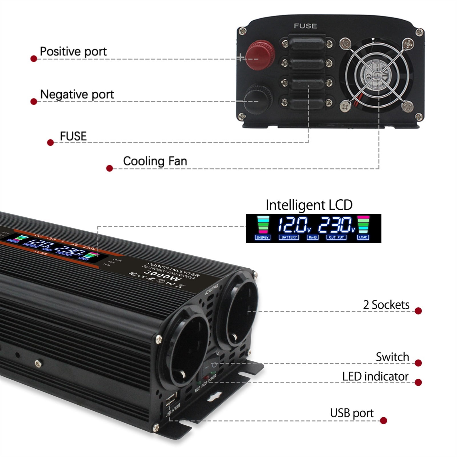 LCD 3000W Car Inverter DC 12V/24V to AC 220 230 Voltage Display Solar Power Converter Dual Replaceable Fuse