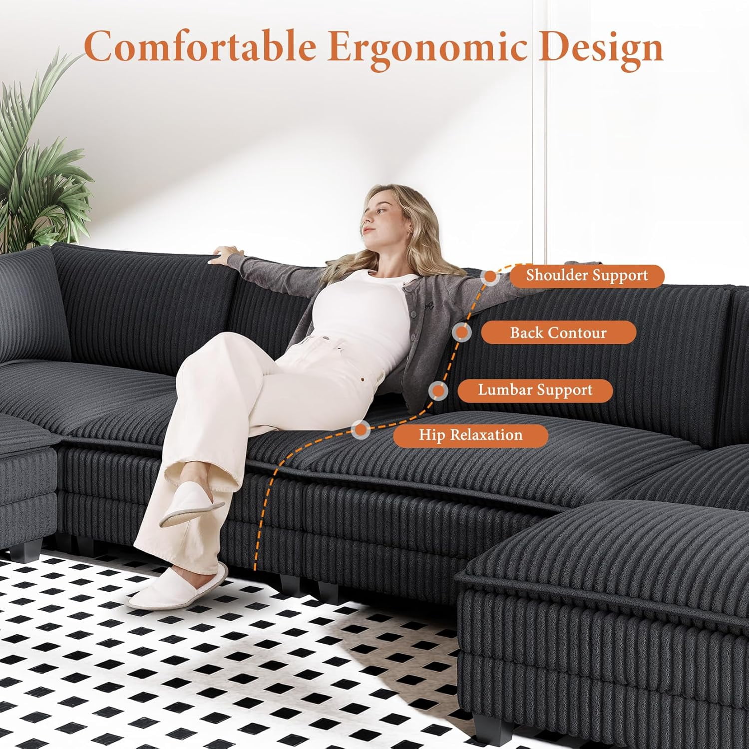 Neche 143" U Shaped Sectional Modular Couch, Comfy Corduroy Upholstered Modular Cloud Sofas for Living Room, Modern Sectional Sofa with 2 Ottoman Deep Seat, Dark Grey
