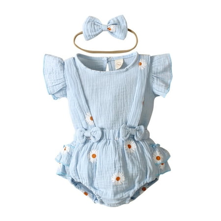 

Toddler Baby Girls Solid Tops+Floral Printed Suspender Shorts Headbands Outfits