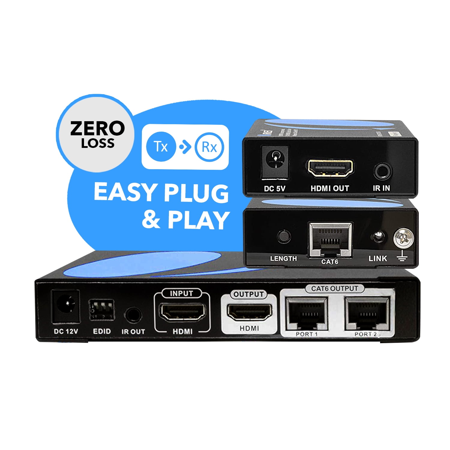 OREI 1X2 HDMI Extender Splitter Over Single CAT6/7 Cable Uncompressed 1080P With IR Remote EDID - Up to 132 Ft - Loop Out (HD12-EX132-K)