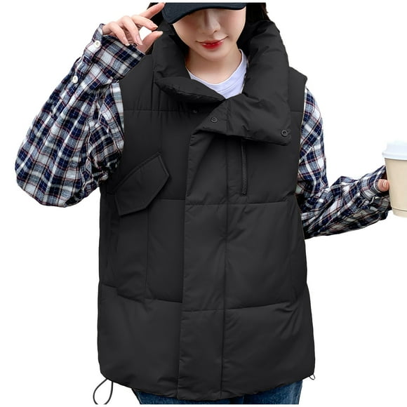 Wolfast Puffer Vest Women Fashion Pocket Coat Long Jacket Winter Sleeveless Down Cotton Waistcoat Black M