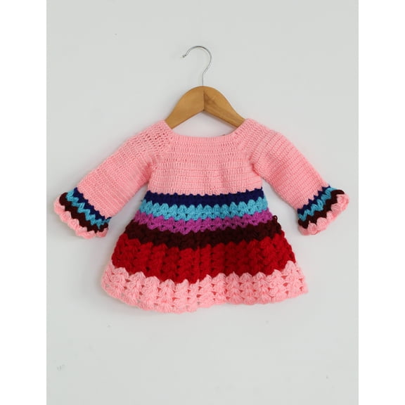Woonie Full Sleeves Striped Handmade Dress - Multi Colour