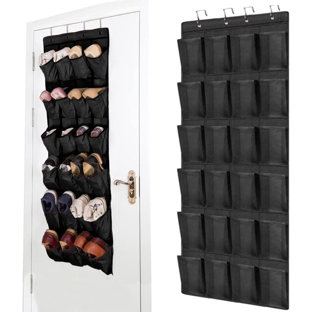 Zapatero colgante de 24 bolsillos, bolsillo de almacenamiento colgante, sobre la puerta, gabinete montado en la pared, bolsillos grandes de malla negra para dormitorio, sala de estar, baño