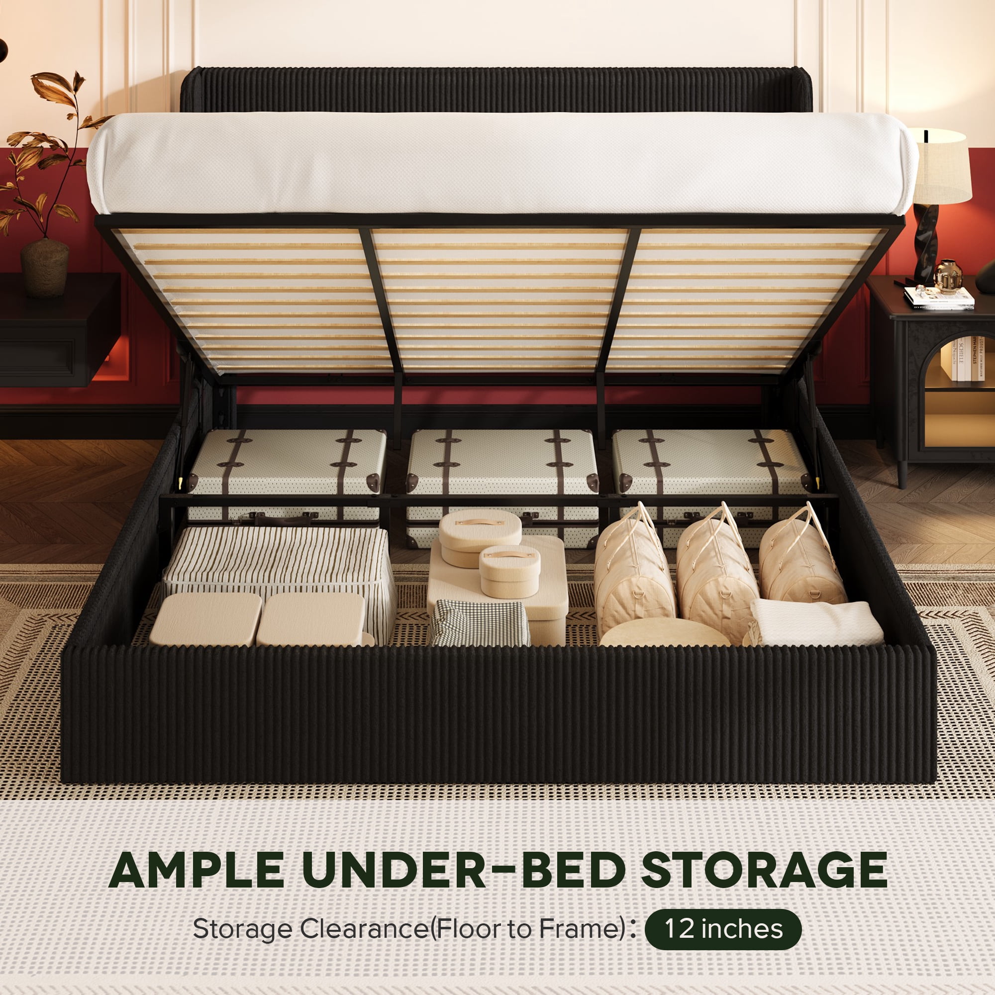 Einfach King Size Hydraulic Lift Up Storage Bed Frame, Corduroy Upholstered Wingback Headboard, Ample Under-bed Storage, Black