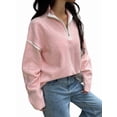 thumbnail image 2 of Womens Quarter Zip Pullover Sweaters Casual Collared V Neck Color Block Long Sleeve Loose Knit Fall Sweater Pink M, 2 of 8