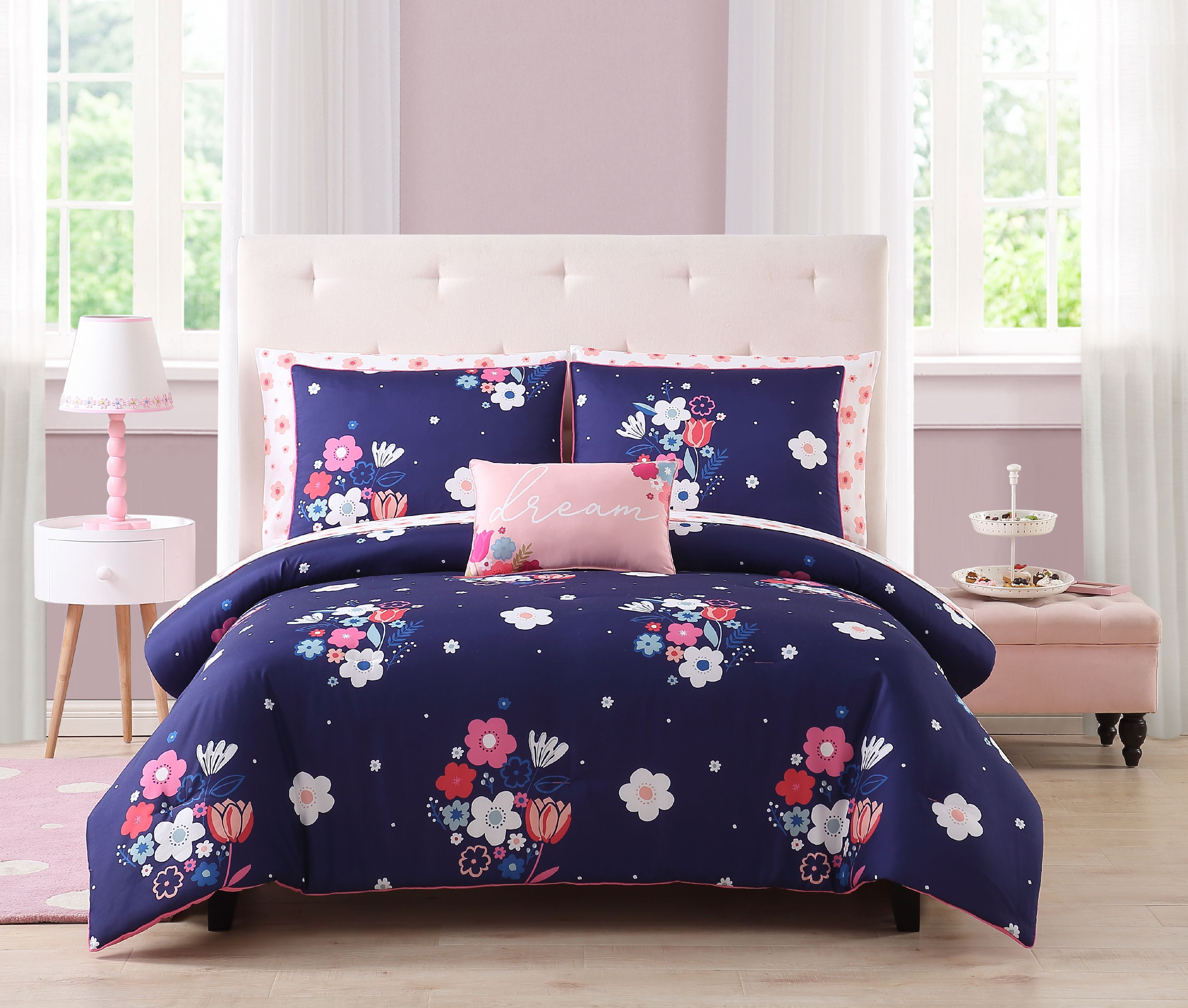 Twin Formula Multi-Floral Reversible Bed in a Bag Bedding Set 5 Pieces 
