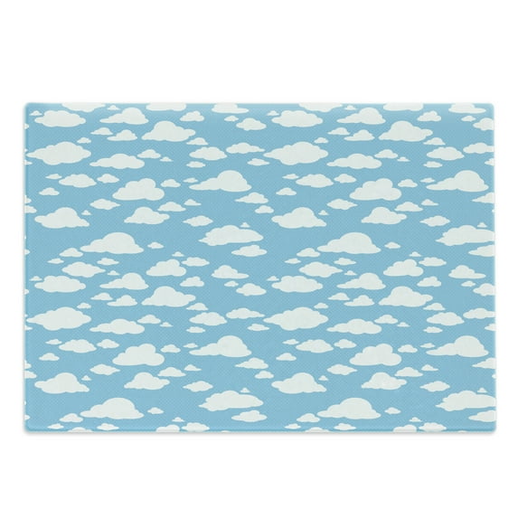 Blue Cutting Board, Clear Summer Sky Pattern with Clouds Dotted Background Cartoon Style Design, Decorative Tempered Glass Cutting and Serving Board, Large Size, Sky Blue White, by Ambesonne