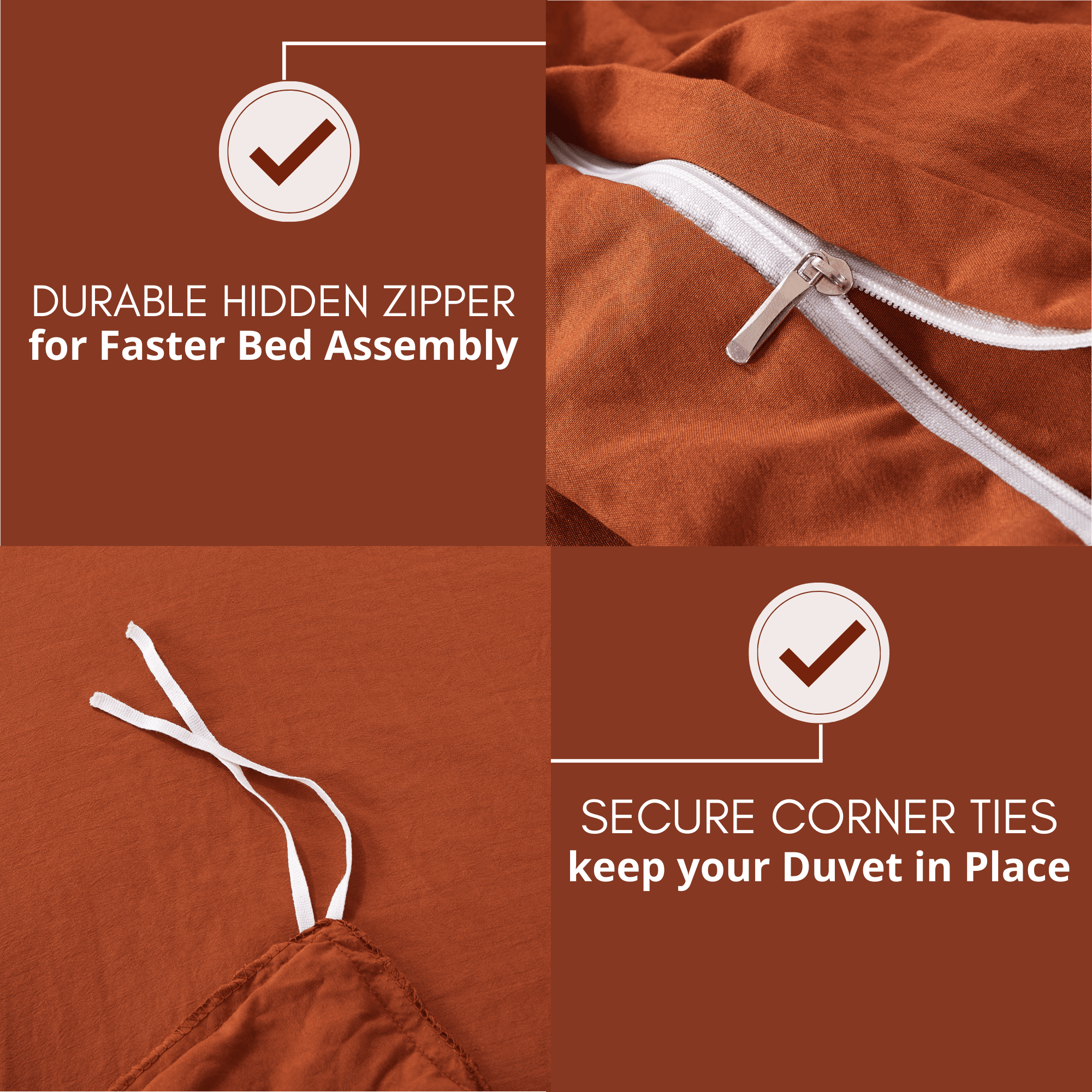 Alazuria Duvet Cover Set Soft Wrinkled Microfiber with zipper and 4 corner ties Clay Terracotta color Queen size ( 90" x 90" )
