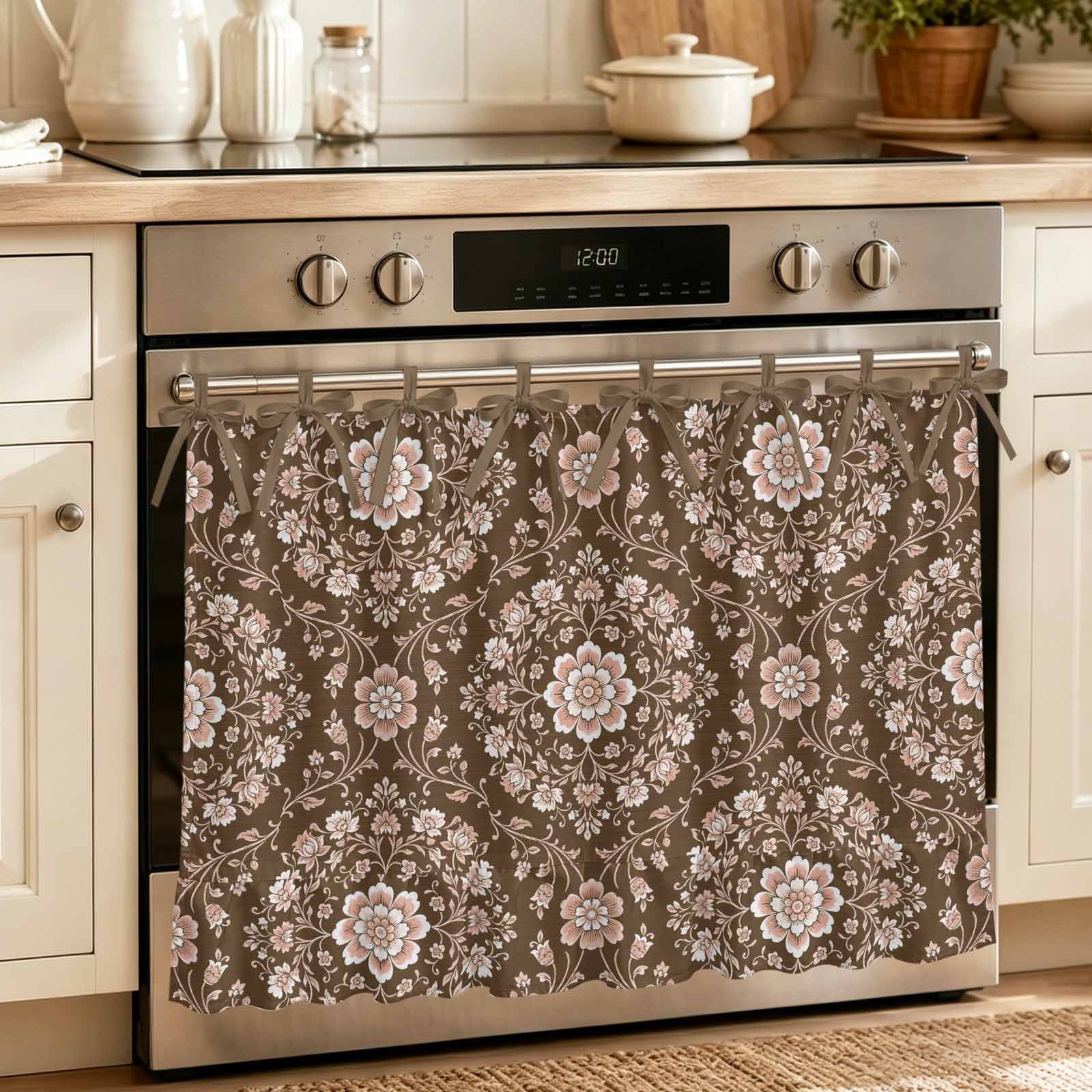 Oven Skirt Curtain for Kitchen 24x32 Inch Brown Flowers Oven Curtain with 8 Ribbon Ties & Ruffle Trim Stove Skirt Curtain Dishwasher for Cabinets Over Sinks Spring Floral Farmhouse Art