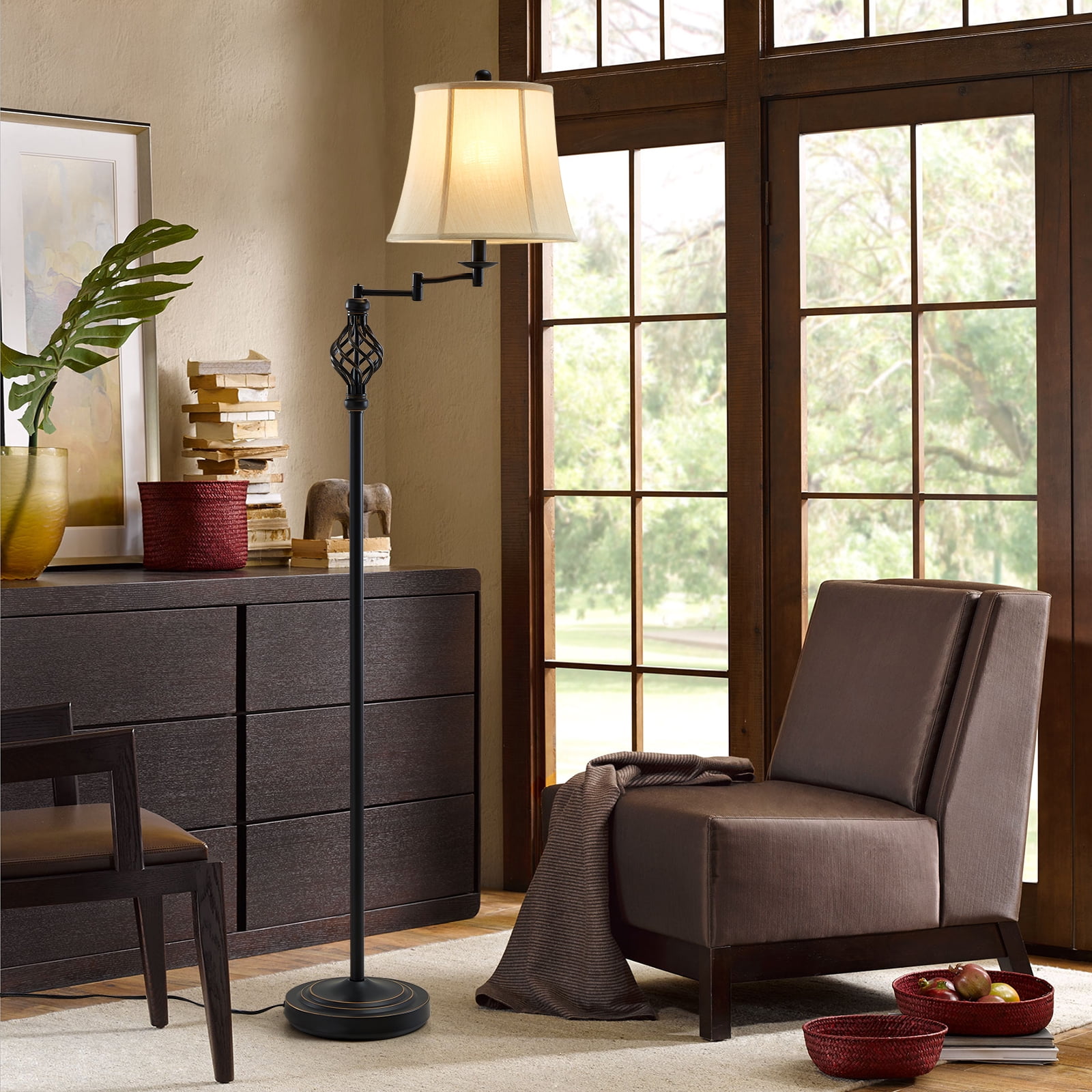 NATYSWAN  Traditional 3 Color Temperature Floor Lamp with 350° Adjustable Swing Arm Lamp, Vintage Standing Pole Lamps for Living Room, Bedroom and Office