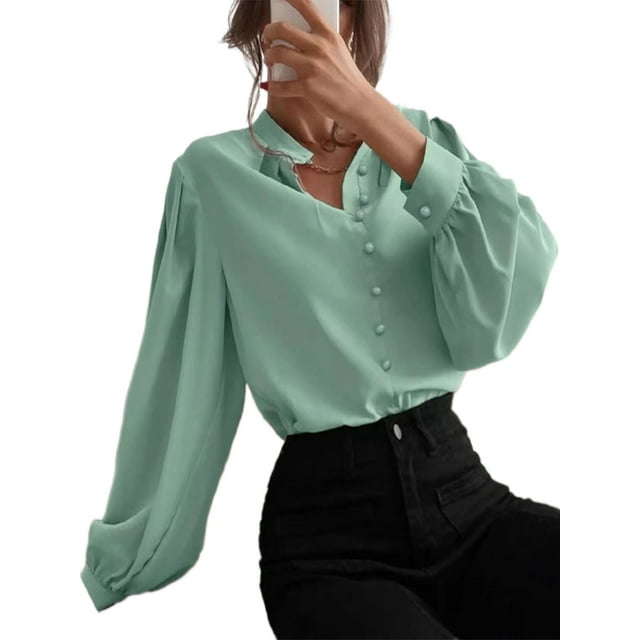 LUXUR Hauts à Manches Longues pour Femmes Chemises de Travail Amples Vert G