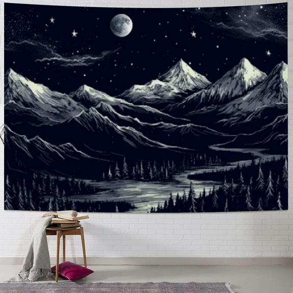 Creowell  Tapestry Starry Night Mountain Tapestries for Bedroom Aesthetic Moon and Stars Tapastry's Wall Hanging Dark Nature Forest Wall Tapestry for Living Room Dorm  40x30inch