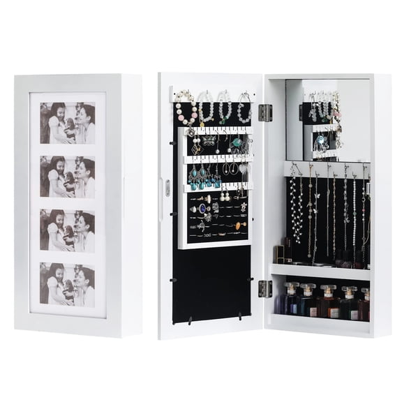 Jewelry Armoire with Photo Frame, Inside Mirror, Small Storage Jewelry Cabinet Organizer, Wall Mount Key Storage Cabinet