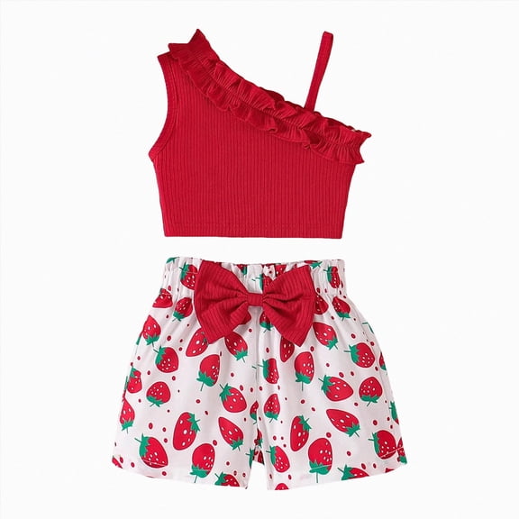 KPOPLK Toddler Baby Girl Summer Outfits Clothes Solid Color Waffle Sleeveless Ruffle Tank Tops Shorts Set Cute Infant Clothes(2-3 Years,Red)