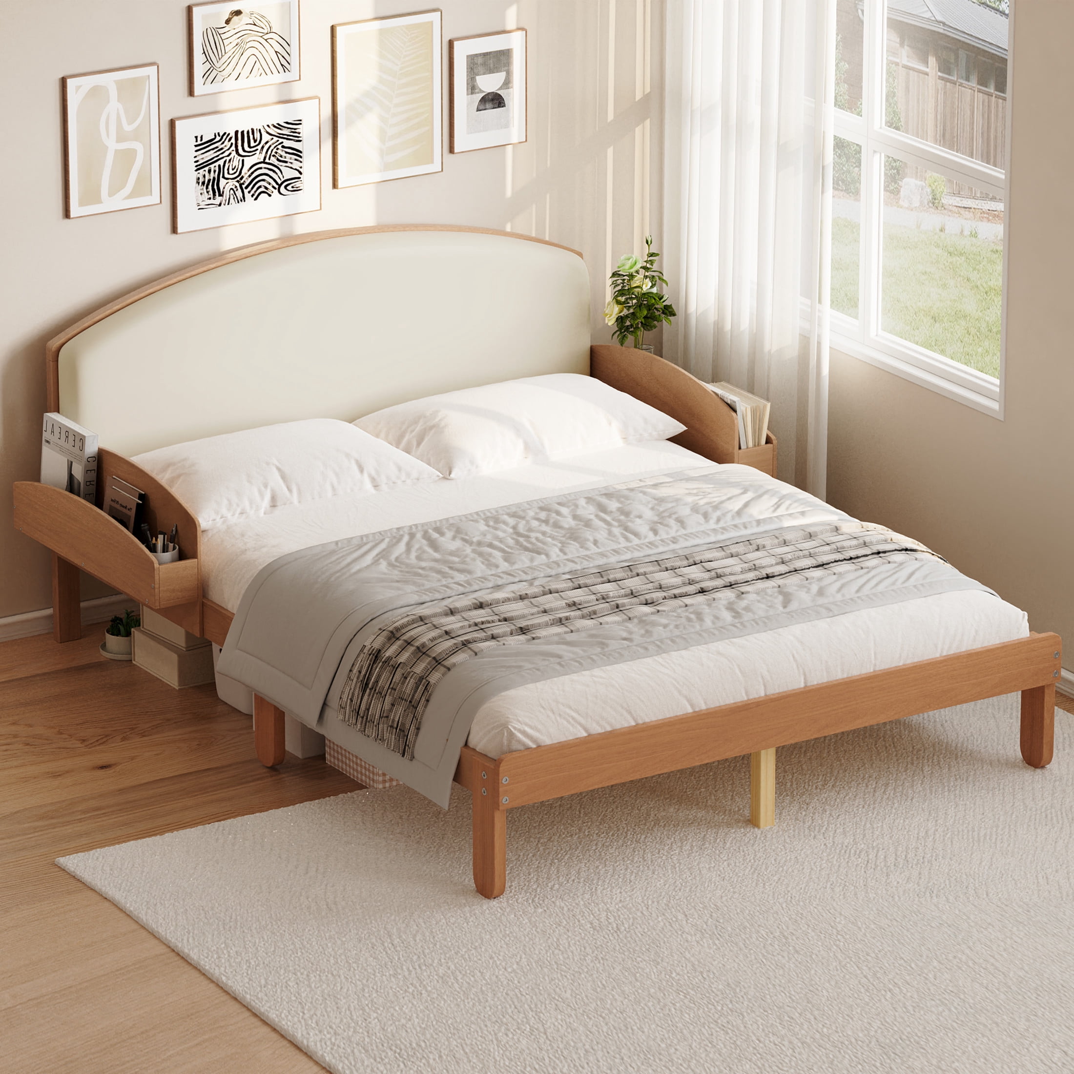 Noble House Full Size Platform Bed with Curved Padded Headboard, Side Storage Shelves, Light Walnut
