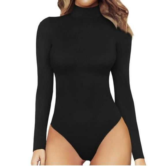 Dyfzdhu Long Sleeve Bodysuit For Women Fashion Printing Turtle Neck Tops Romper Short Jumpsuit Black L