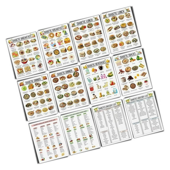 WE-POLUJ 12Pcs Diabetes Food List Chart & Meal Planner for Diabetics Diabetes Diet Plan Sheet Diabetes Dietary Reference Chart