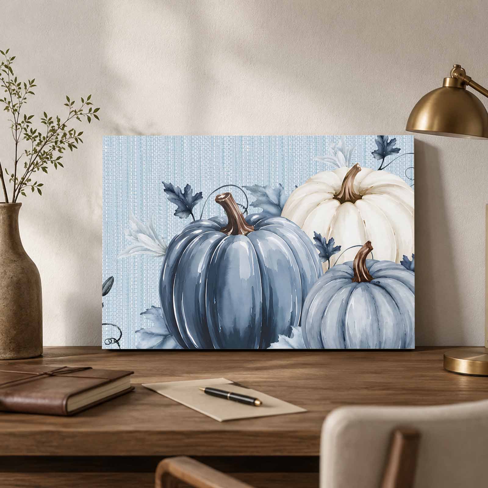 Thanksgiving Canvas Wall Art Fall Farm Harvest Blue White Pumpkin Flowers Lines Wall Art Prints Artwork Framed Canvas Ready to Hang Art Pictures for Bathroom Nightstand Narrow Hallway 14 x 11
