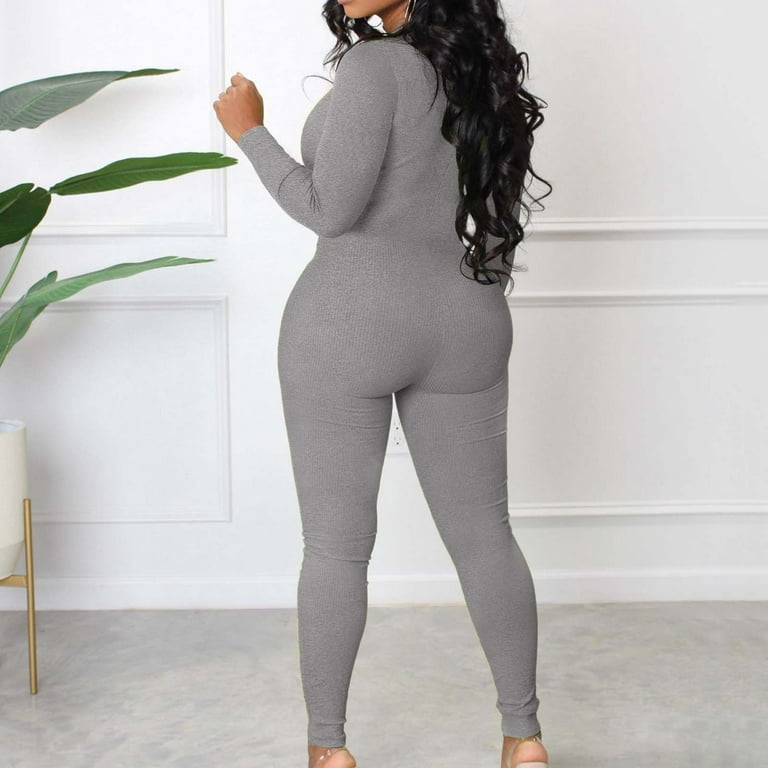 YWDJ Two Piece Outfits for Women Going out Plus Size Ribbed Jumpsuits Ribbed  Workout Rompers Long Sleeve Exercise Zipper Jumpsuit Dark Gray L 