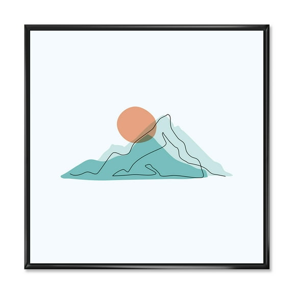 Designart 'Abstract Blue Mountains With Red Moon II' Modern Framed Canvas Wall Art Print