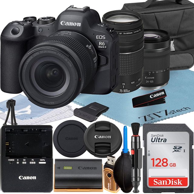 Canon Cámara sin Espejo EOS R6 Mark II con Lente RF 24-105 Mm + EF 75-300 Mm + Tarjeta de Memoria SanDisk de 128 Gb + Estuche + Flash LED + Paquete de Accesorios ZeeTech