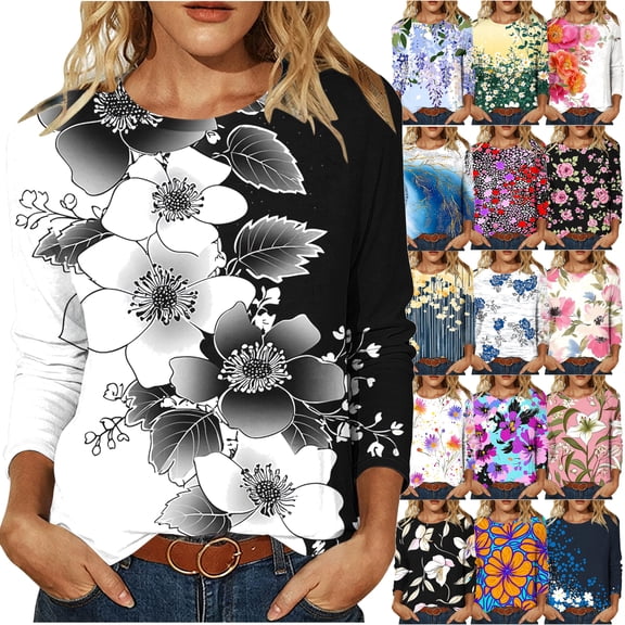 DDAPJ pyju Boho Floral Tops for Women 2026 Trendy 3/4 Sleeve Dressy Casual Shirts Loose Fit Work Blouses Graphic Tees Comfy Summer Beach Outfits Dark Pink S
