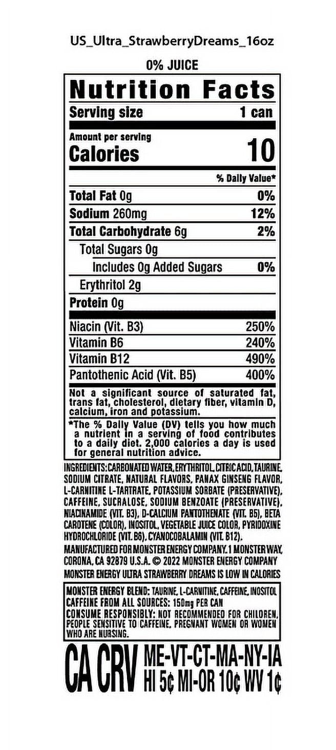 Monster Energy Ultra Strawberry Dreams Zero Sugar, 16 oz cans, 24 loose