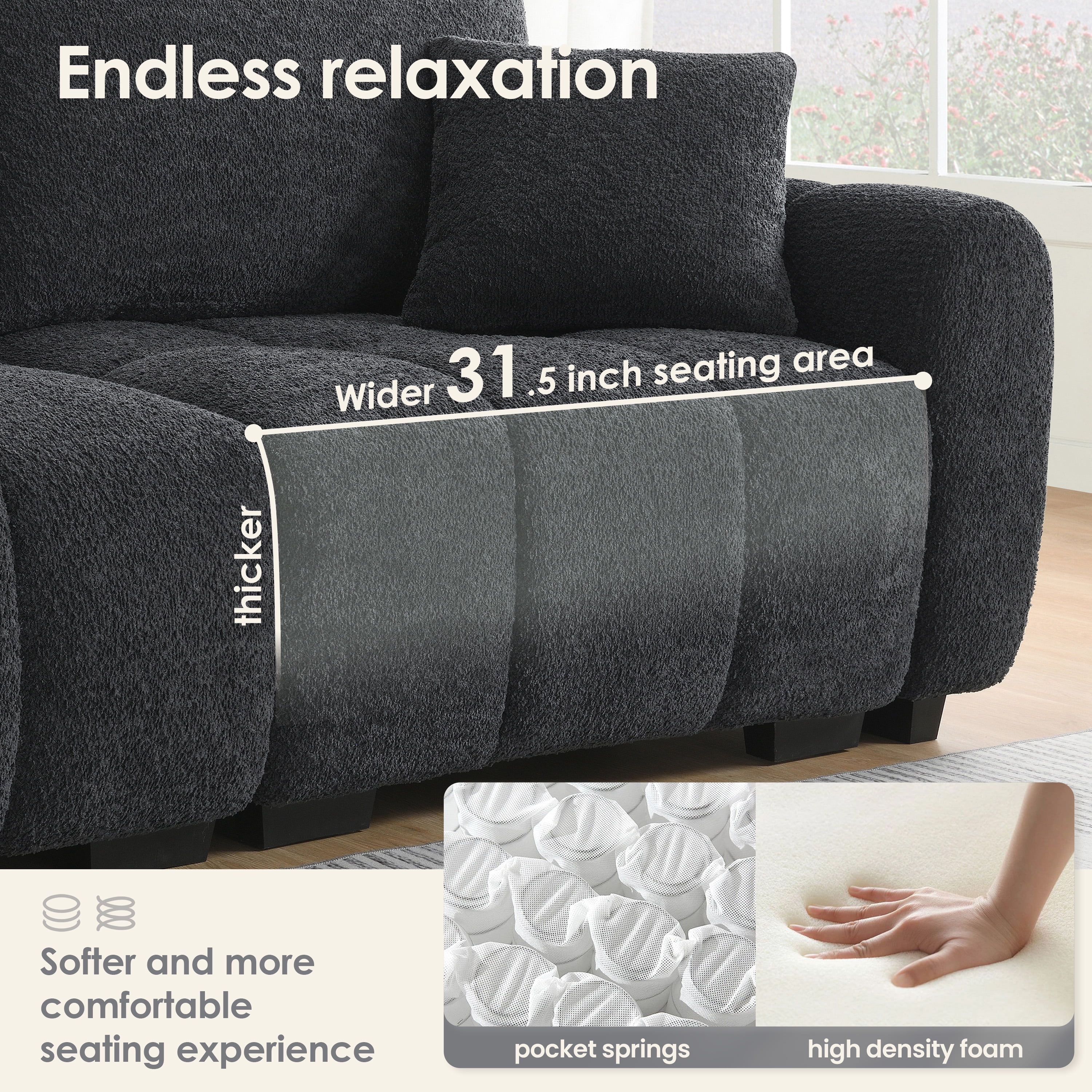 Sectional Sofa, Modular Sofa, L-Shape Couch with Movable Ottoman and Pull-Line Design, 4-Seater Boucle Fabric Sofa, Black+Gray