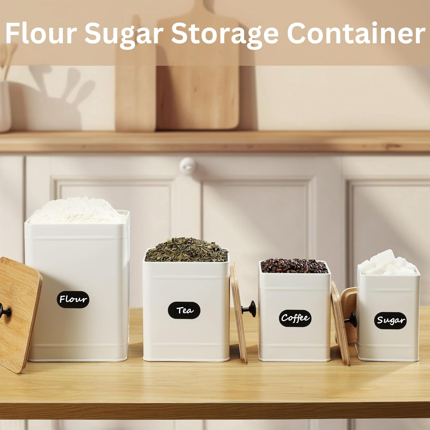 Perfnique Kitchen Canisters, Farmhouse Kitchen Counter Set of 4, Coffee Tea Sugar Jars Food Storage Container (White)