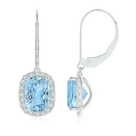 Angara Holiday Cushion Aquamarine Leverback Earrings With Holiday Cushion Aquamarine Leverback Earrings With Diamond Halo In 14k White Gold 8x6mm