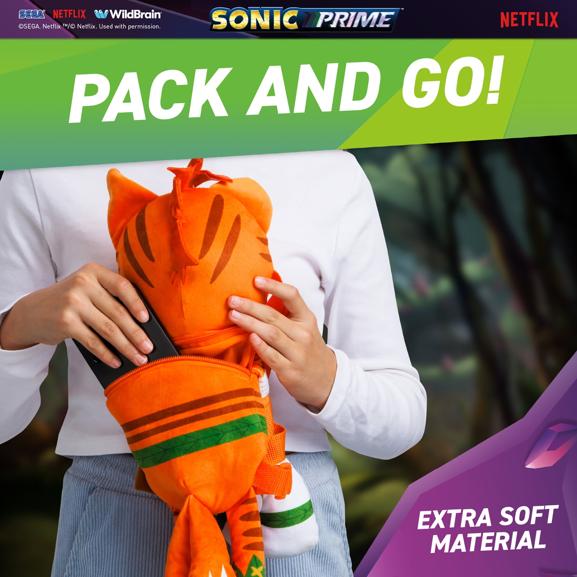 Sonic Prime: 15" Plush Backpack - Mangey Tails - Kids Backpack, Huggable Character Pack & Go Bag, Netflix Series, Licensed, Boys & Girls Ages 3+