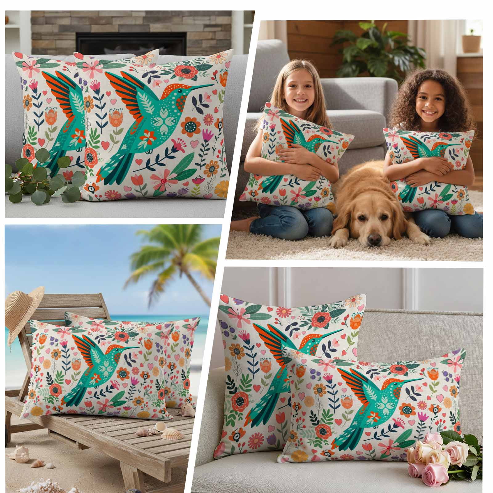 Turquoise Birds Outdoor Waterproof Pillow Covers, Country Cartoon Colorful Flowers Herbs Decorative Square Throw Pillowcase Sofa Cushion Sham for Patio/Couch/Chair, 24"x24" 2 Pack