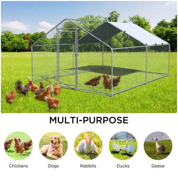 10x13x6.5ft Heavy Duty Walk-in Chicken Coop, Galvanized Steel Poultry Cage with Cover, Large Metal Chicken Run for Yard with Anti-Predator Mesh