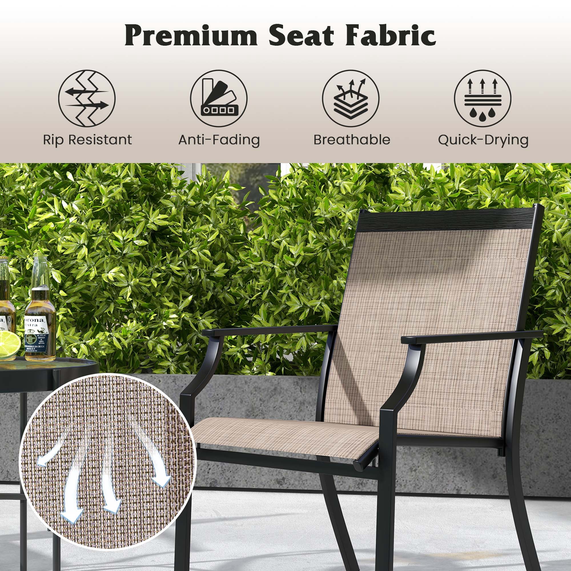 Costway 2 Piece Patio Dining Chairs Large Outdoor Chairs with Breathable Seat & Metal Frame Coffee