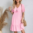 thumbnail image 4 of Womens V Neck Mini Dresses 2025 Summer Short Sleeve Casual A Line Flowy Pleated Ruffle Swing Shirt Dress, 4 of 8