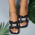 thumbnail image 3 of Flat Sandals for Women Slide Rhinestone Open Square Toe Leather Breathable Beach Summer Slipper Black, 3 of 9