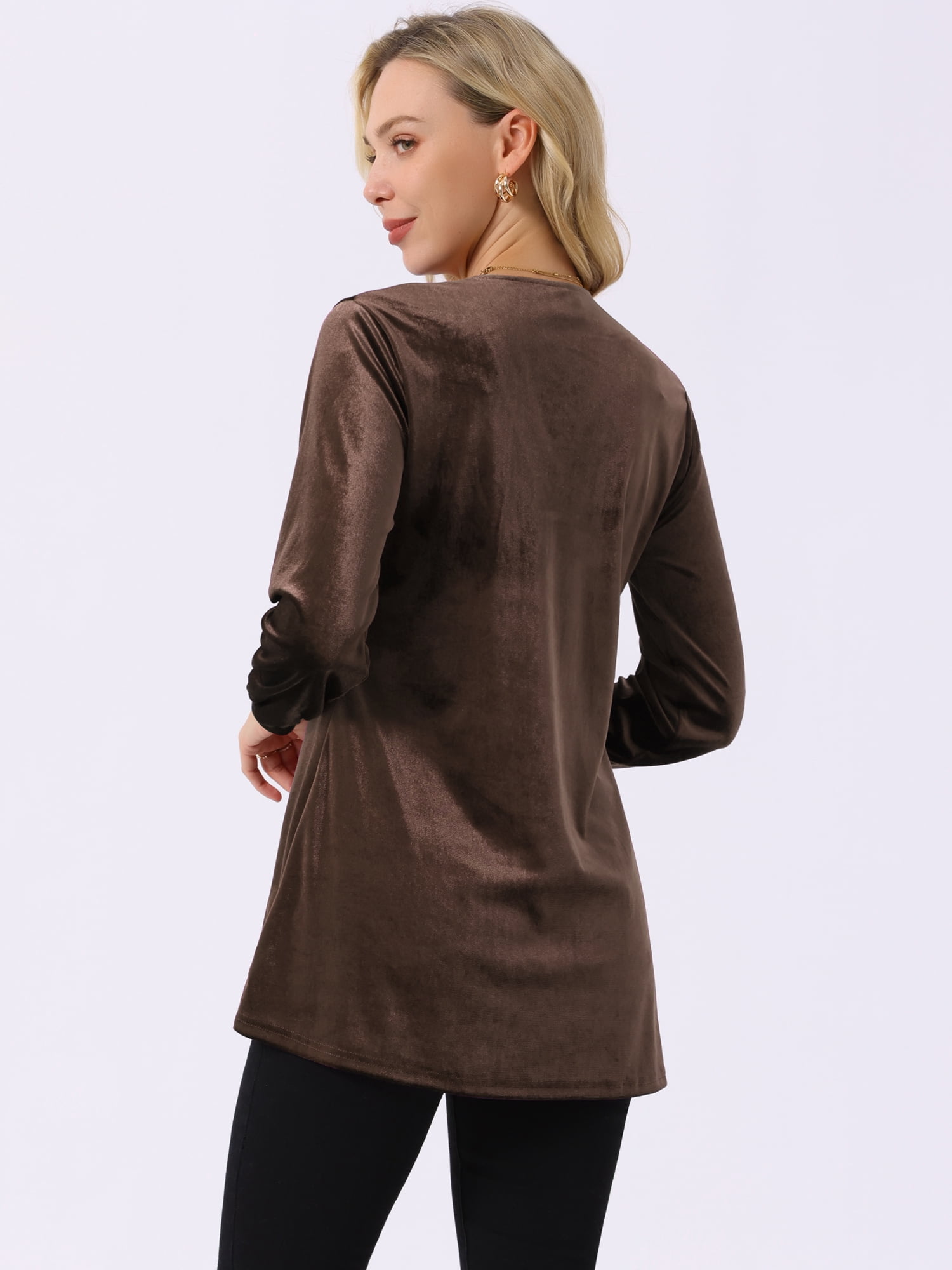 DARING DIVA Women's Velvet Top V Neck Long Sleeves Loose Blouse S Coffee
