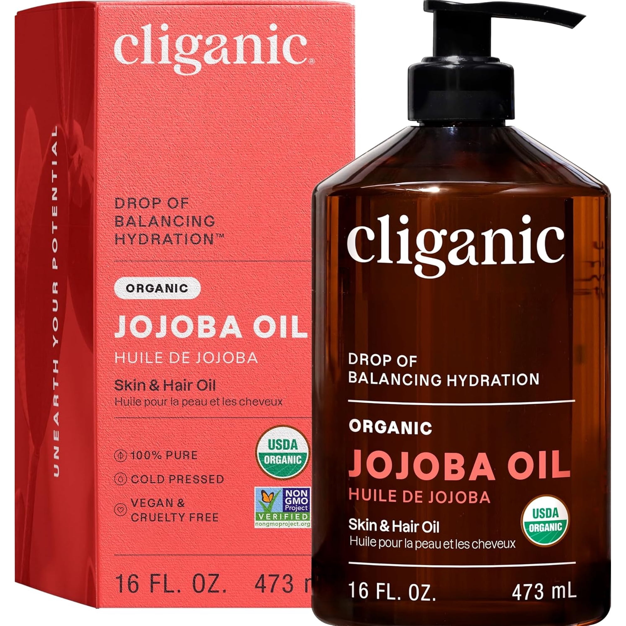 Cliganic Jojoba Oil, Cold-Pressed Organic Body Oil and Moisturizer for Skin Care, USDA Certified, 16 fl oz