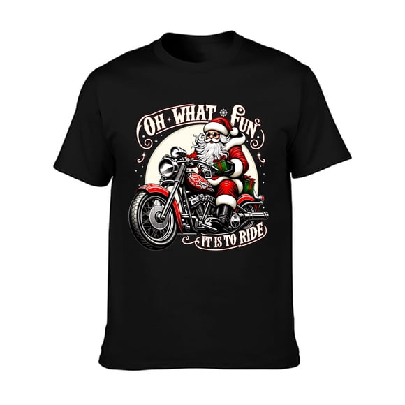 T-shirt Noir à Manches Courtes pour Hommes en Coton Imprimé Amusant "OH Quel Plaisir C'est de Rouler" Père Noël à Moto, Cheveux Raides d'Une Usine Américaine, Lavable en machine et Matériaux Durables